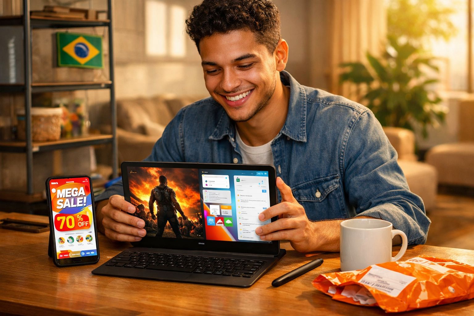Homem sorridente usando tablet com jogo e aplicativos, celular com promoção e xícara em mesa de madeira.