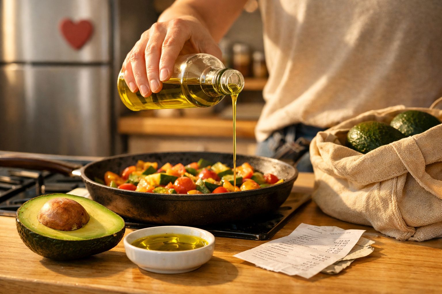 Pessoa derramando azeite em frigideira com legumes, abacate cortado e sacola com abacates na mesa.