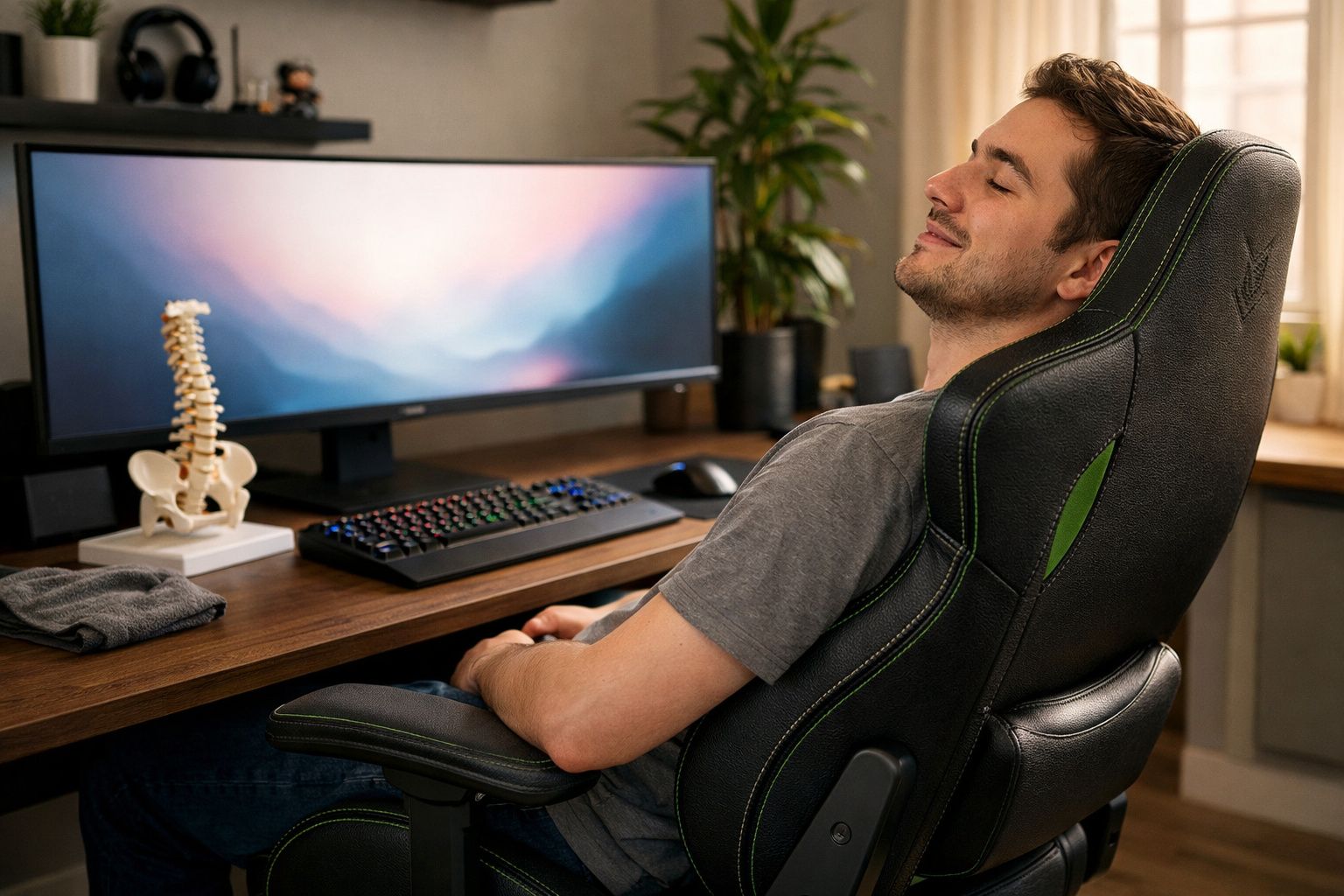 Homem relaxando em cadeira ergonômica em frente a mesa com monitor ultrawide e modelo de coluna vertebral.