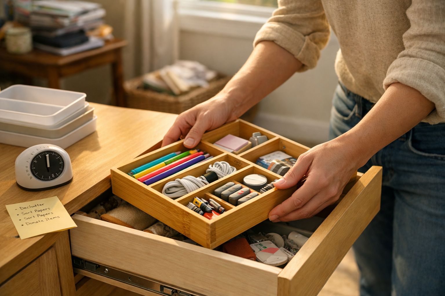 Pessoa organizando gaveta com divisórias e material de escritório em ambiente iluminado para home office.