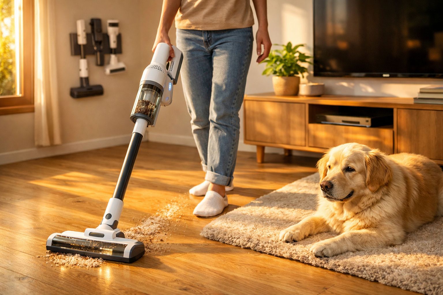 Pessoa usando aspirador sem fio para limpar sujeira no chão de madeira enquanto cão golden retriever está deitado no tapete.