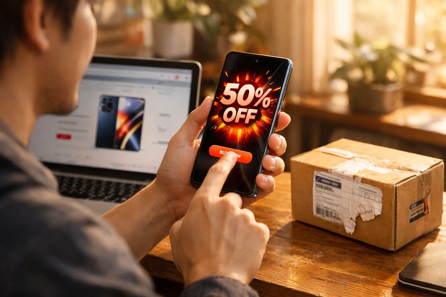 Pessoa usando smartphone com oferta de 50% off e botão de compra, com notebook e caixa de papelão na mesa.