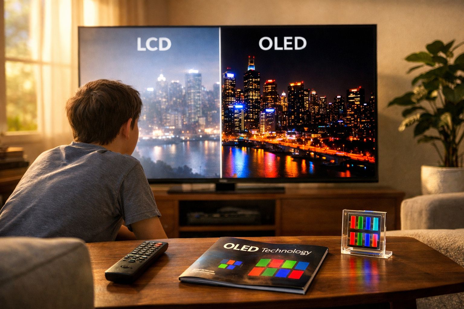 Criança observa TV comparando qualidade de imagem entre telas LCD e OLED da cidade à noite.