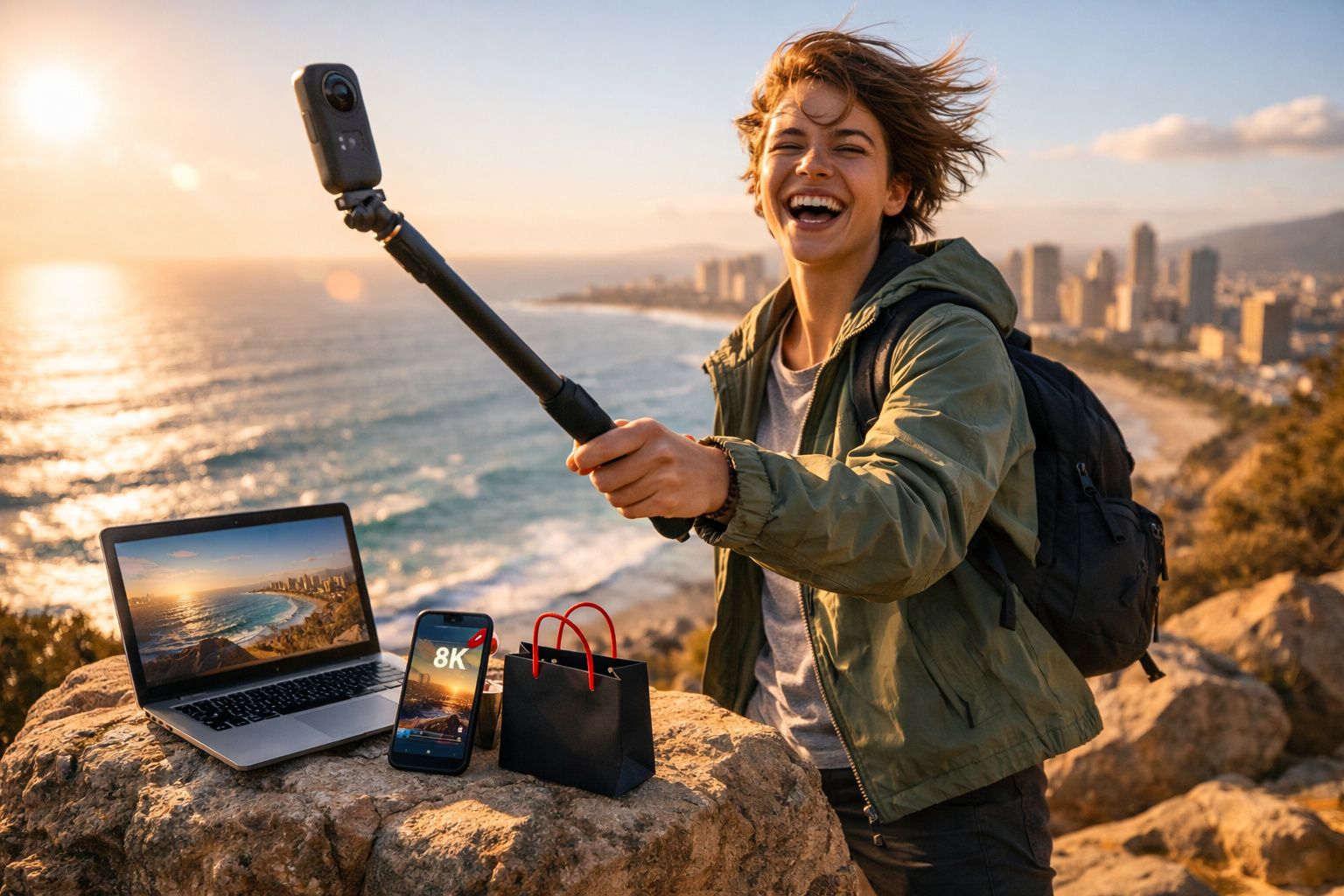Mulher sorridente fazendo selfie com câmera 360 em penhasco, com laptop, celular e sacola ao lado.
