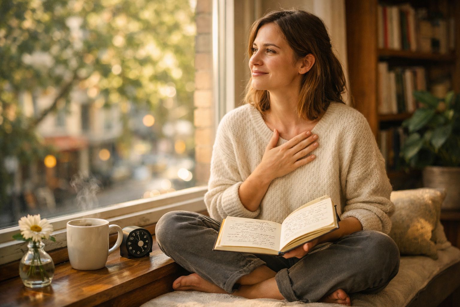 Mulher sentada na janela segurando livro, sorrindo, com xícara de café e relógio ao lado.