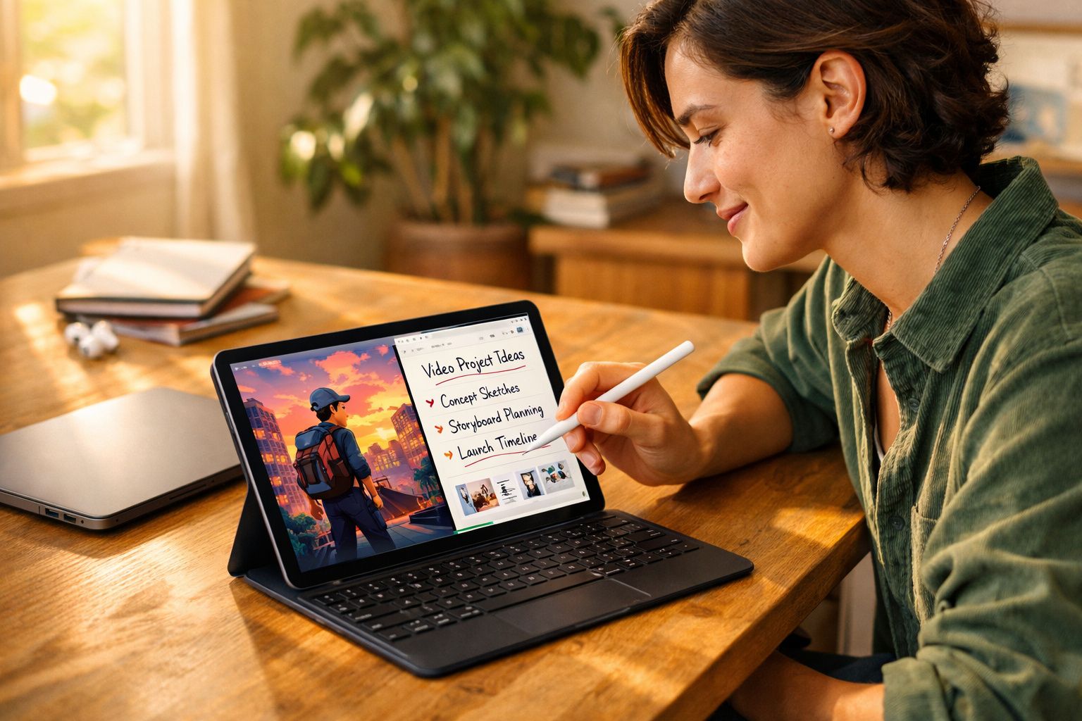 Pessoa usando tablet com teclado e caneta digital para planejar ideias de projeto de vídeo.
