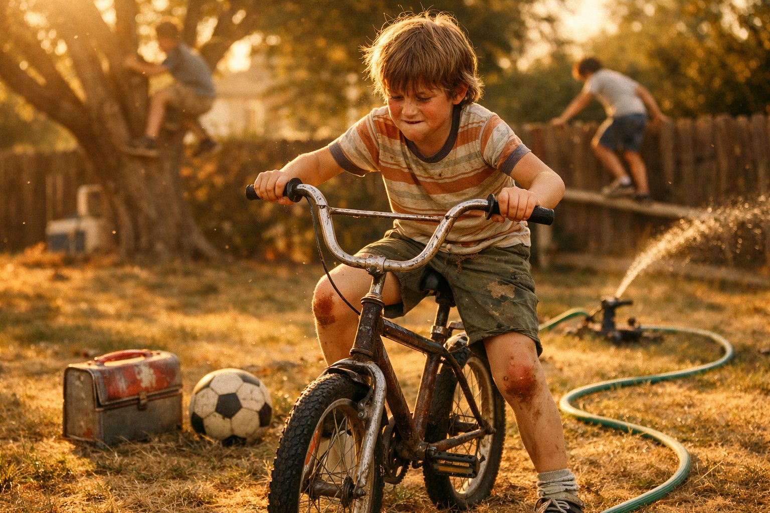 Criança suja de joelhos ralados andando de bicicleta em quintal com bola, caixa de ferramentas e mangueira.