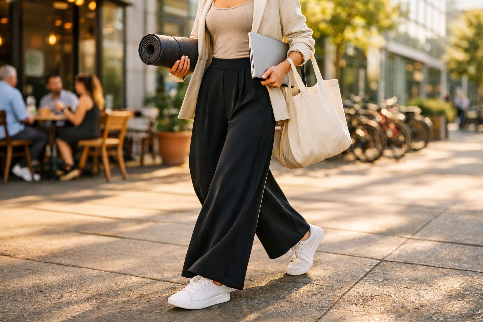 Pessoa caminhando na calçada segurando tapete de yoga e notebook, em ambiente urbano ensolarado.