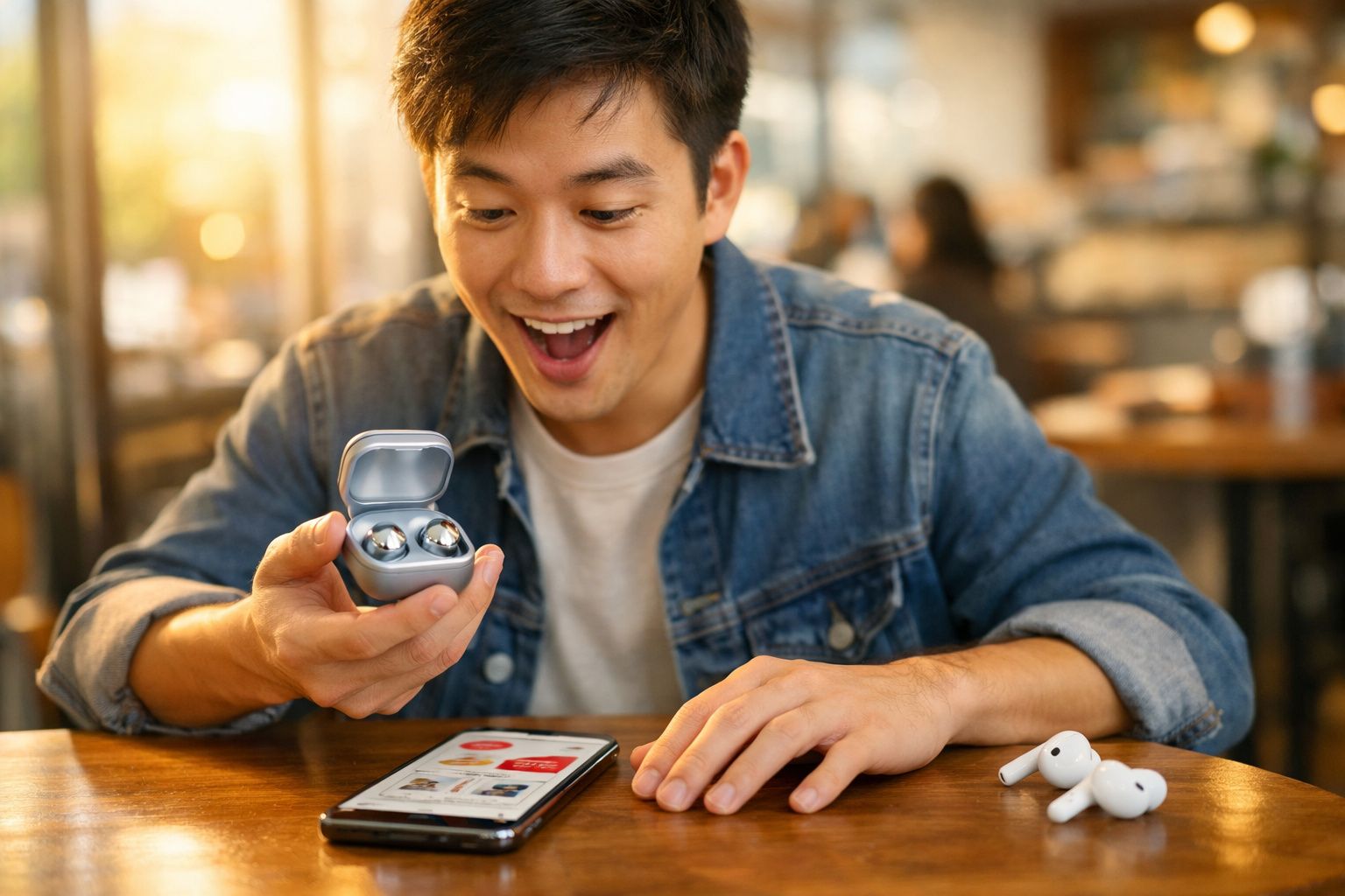 Jovem feliz segurando estojo com fones de ouvido sem fio em café, com smartphone na mesa.