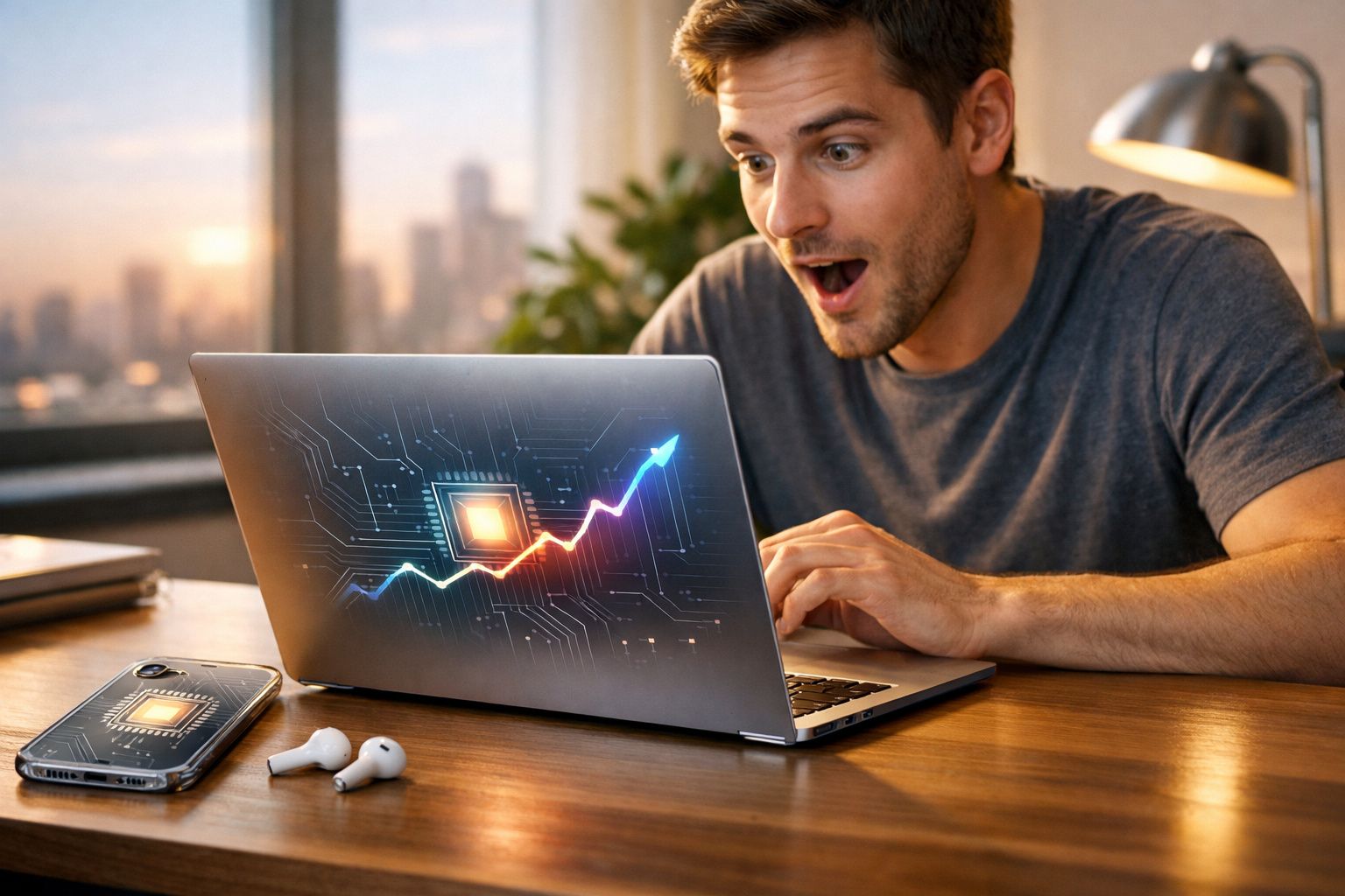 Homem animado olhando para gráficos de crescimento financeiro em laptop na mesa de trabalho.