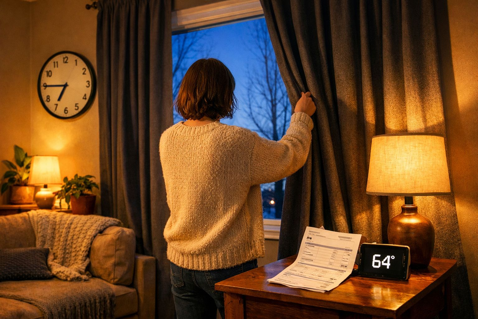 Pessoa de costas abrindo cortina ao anoitecer em sala com relógio, sofá, lâmpada e termômetro digital marcando 64°F.