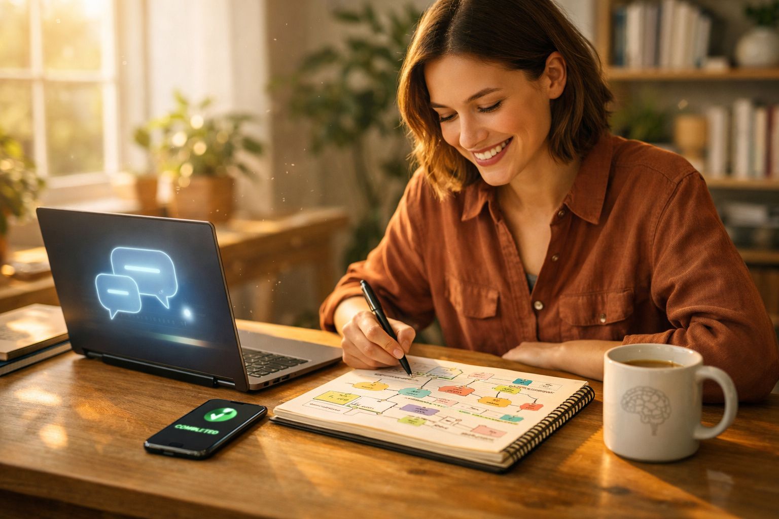 Mulher sorridente fazendo anotações em fluxo de trabalho, com laptop, celular e caneca em mesa de madeira.