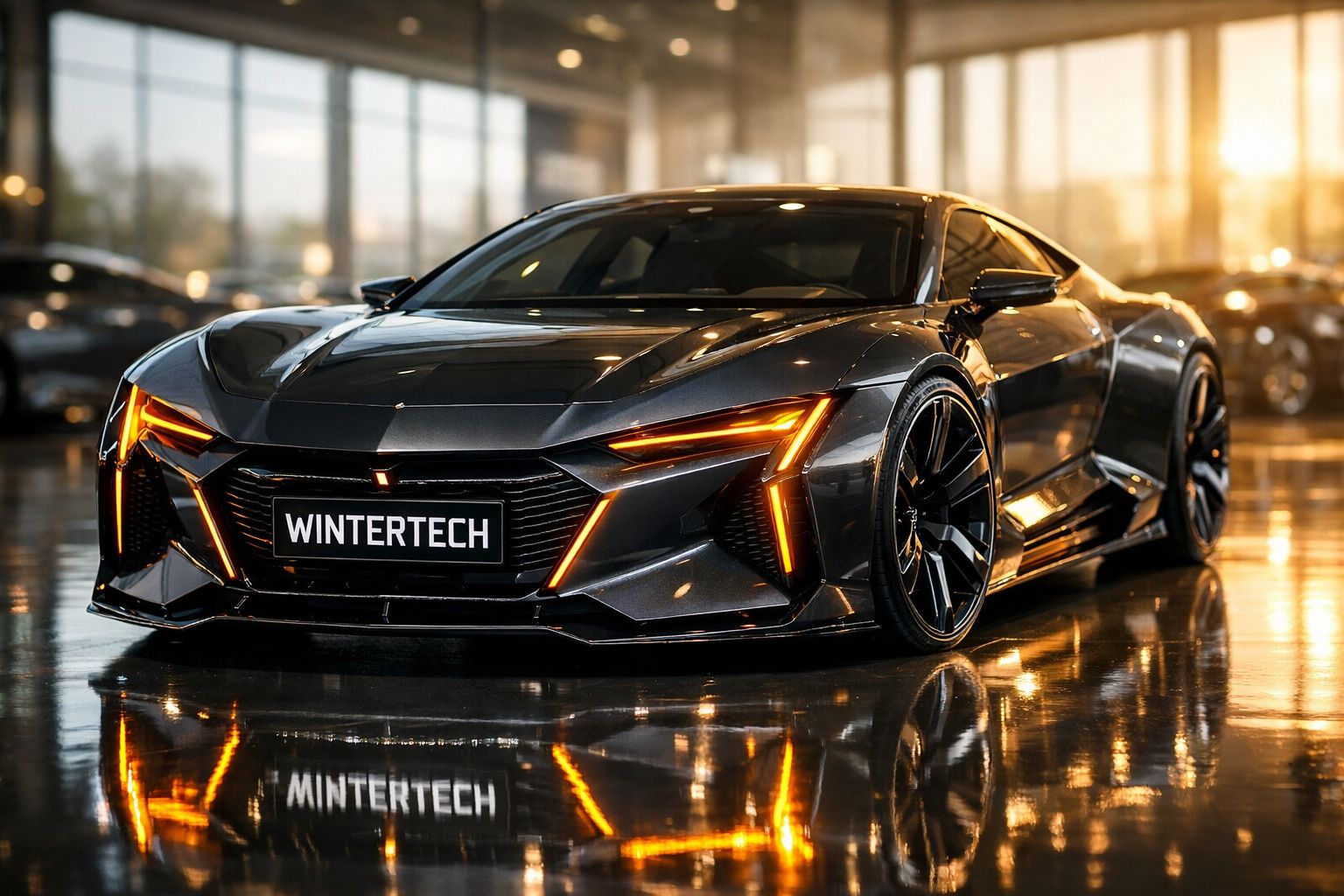 Carro esportivo preto com luzes de LED âmbar em ambiente interno iluminado pelo pôr do sol.