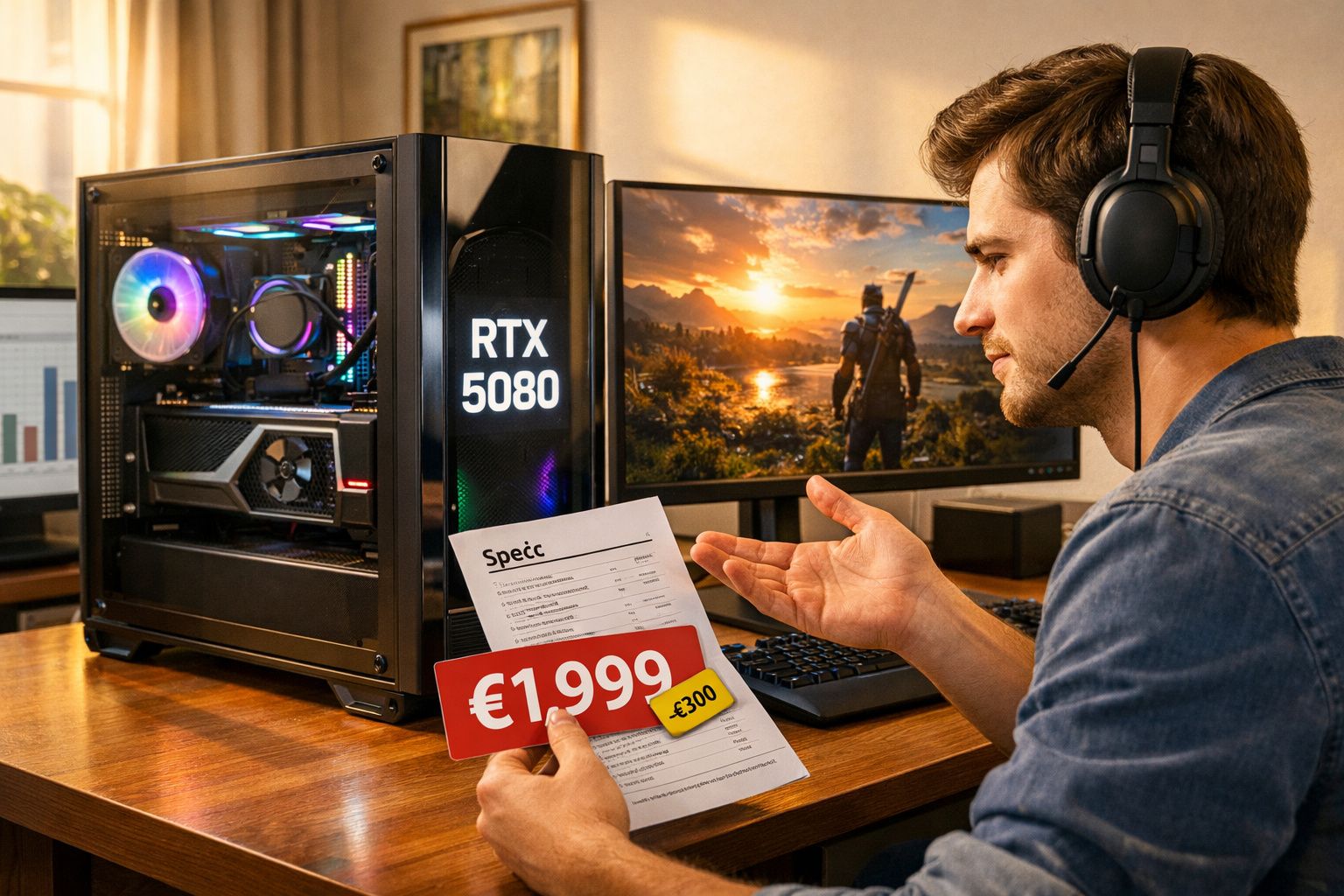 Homem com fone de ouvido analisa preço de €1.999 para computador gamer com placa RTX 5080.