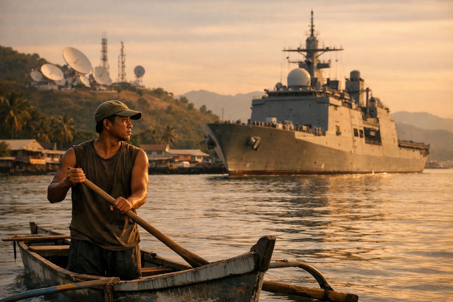 Homem remando em canoa com navio de guerra e antenas parabólicas ao fundo ao entardecer.