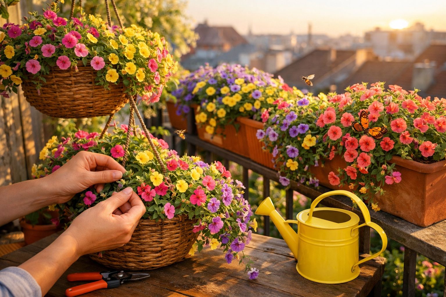 Mãos cuidando de vasos com flores coloridas em varanda ao pôr do sol, com regador amarelo e borboletas.