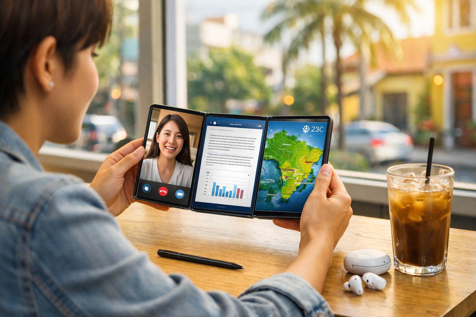 Pessoa segurando celular dobrável com videochamada, gráfico e mapa meteorológico, com bebida e fones na mesa.