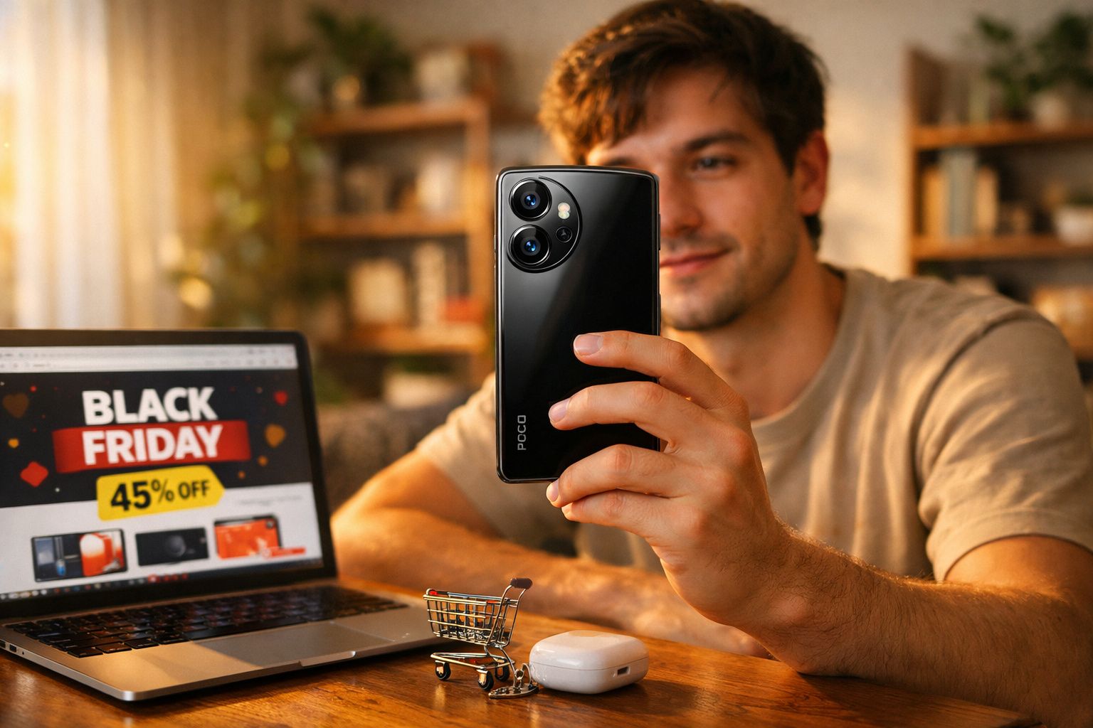 Homem segurando smartphone preto POCO com notebook exibindo promoção Black Friday 45% off ao fundo.
