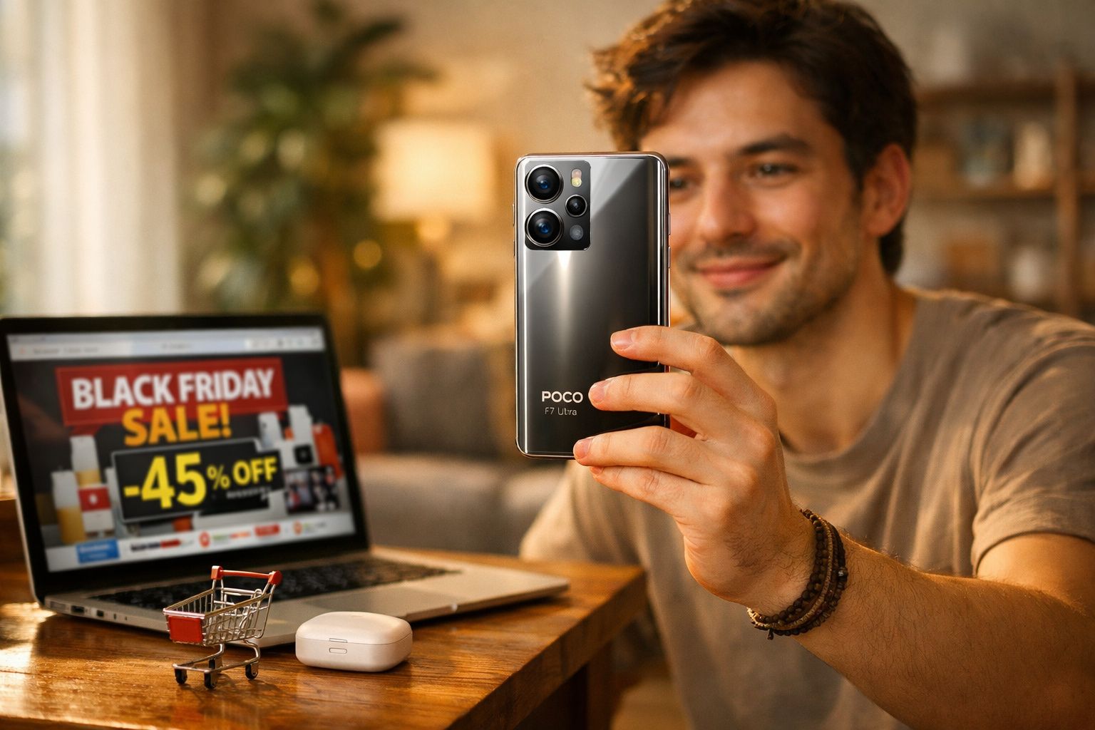 Homem segurando smartphone Poco F7 Ultra próximo a notebook com oferta de Black Friday na tela.