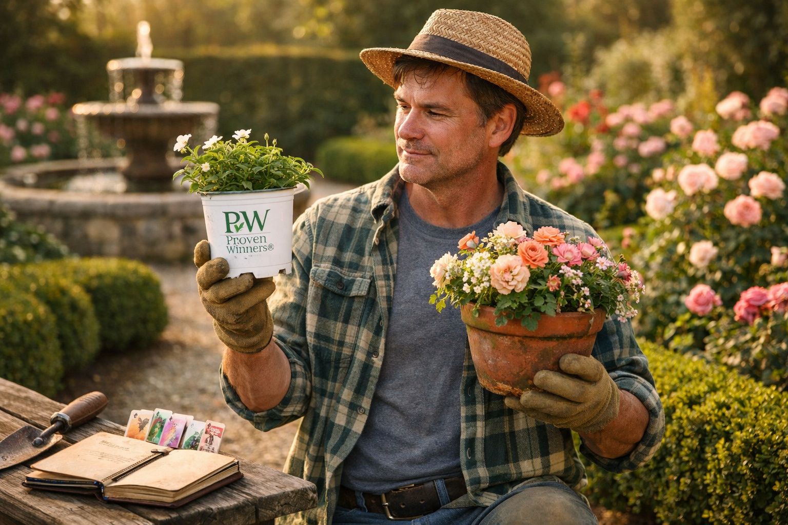 Homem com chapéu segurando dois vasos de flores em jardim ensolarado com fonte ao fundo.