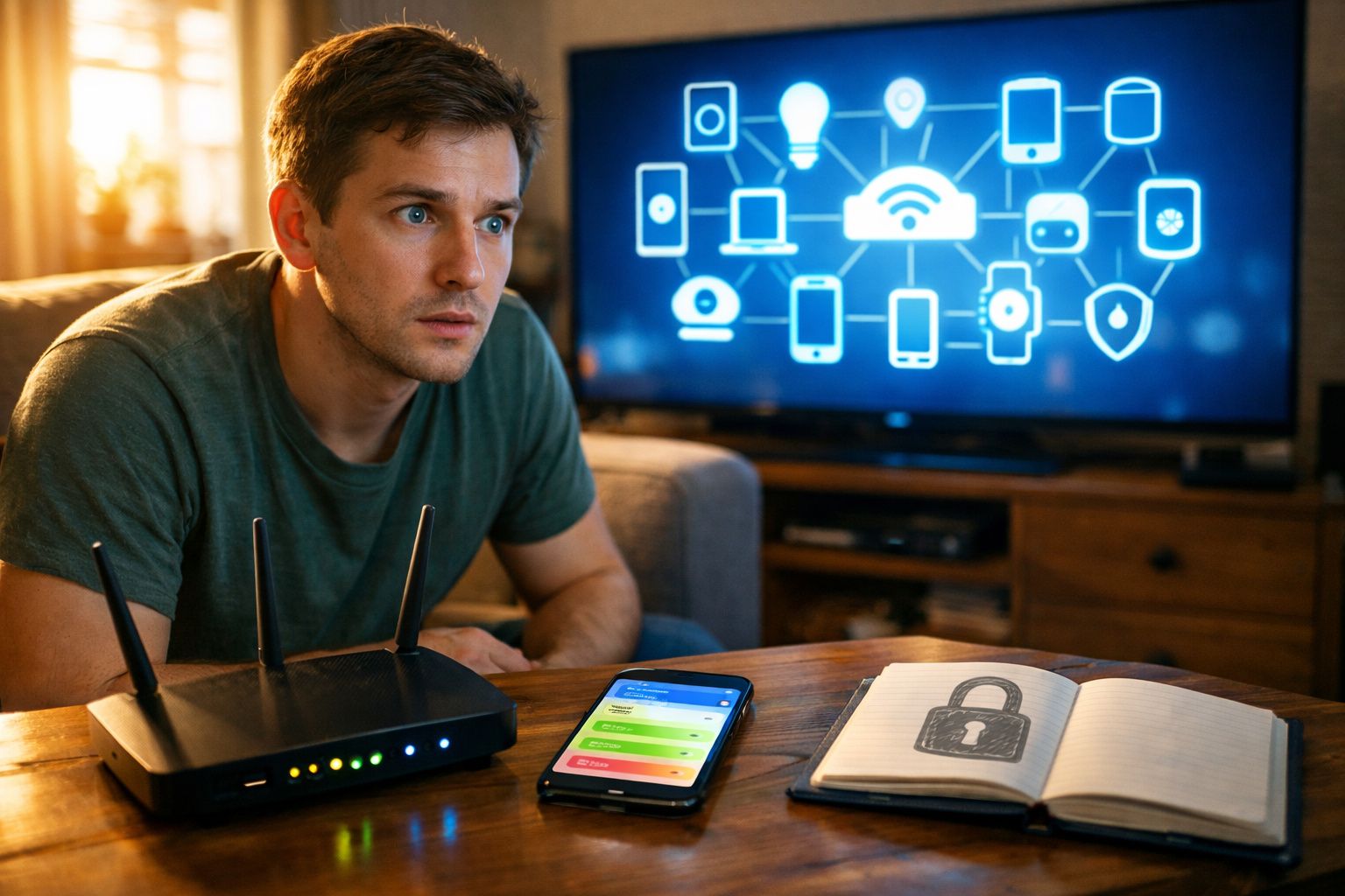 Homem olhando preocupado para roteador e celular com tela de configurações, notebook com desenho de cadeado.