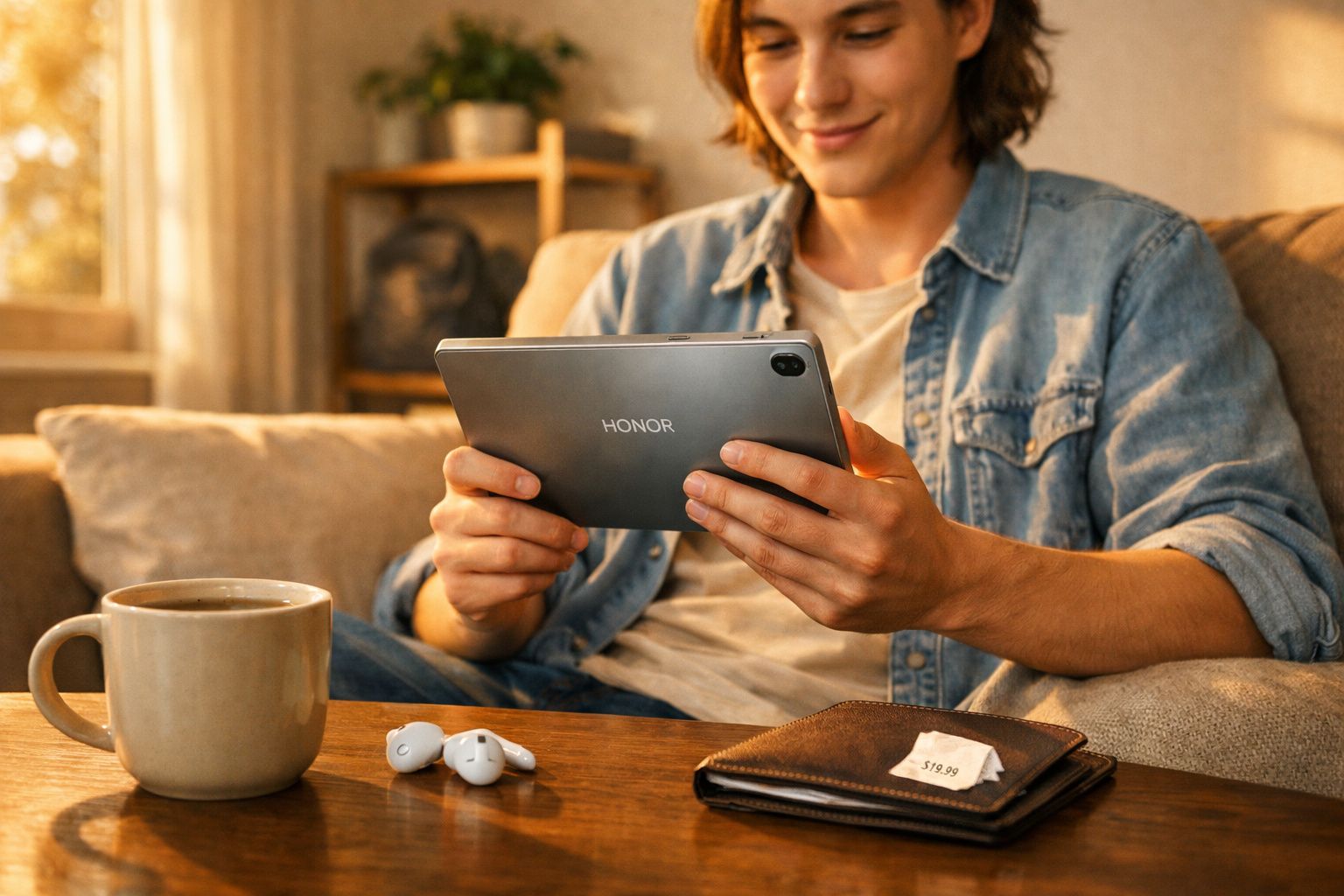 Jovem sentado no sofá usando tablet Honor, com xícara, fones e carteira em mesa de madeira.