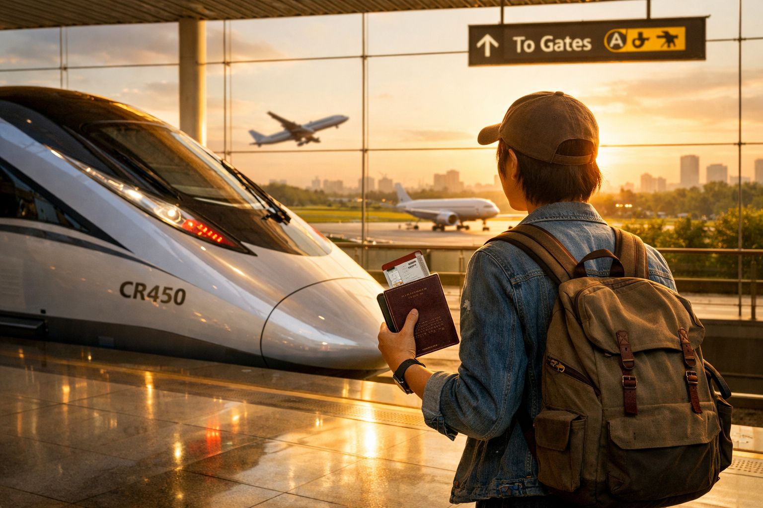 Pessoa com mochila segurando passaporte e bilhete em estação de trem, com avião pousando ao fundo.
