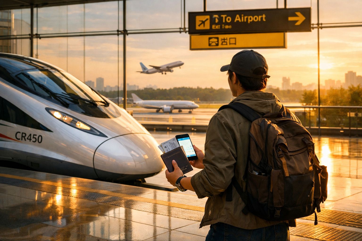 Passageiro com mochila verifica bilhete e passaporte na estação de trem ao pôr do sol com aviões ao fundo.