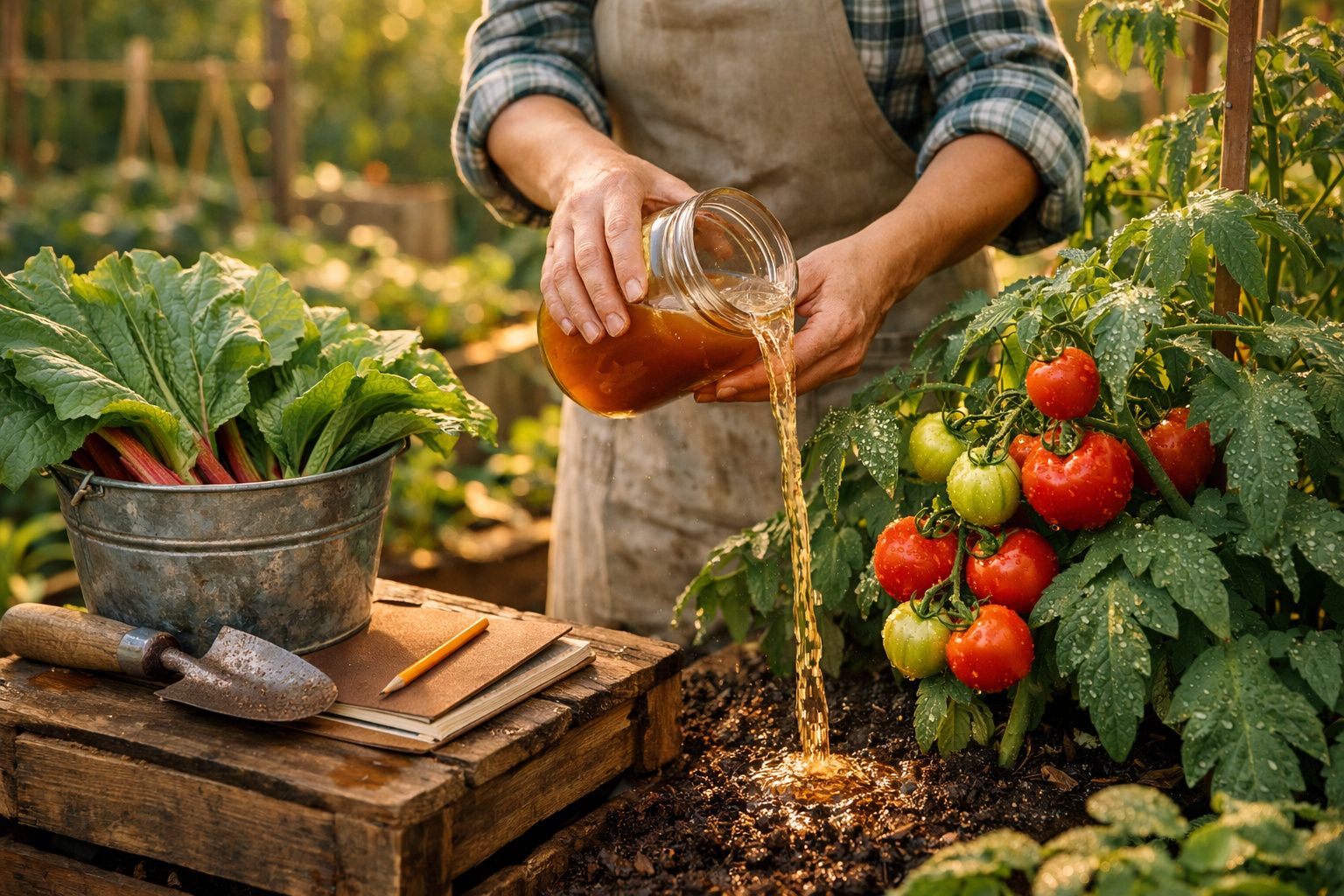 Pessoa regando plantas de tomate com regador caseiro em horta, ao lado de folhas colhidas em balde metálico.