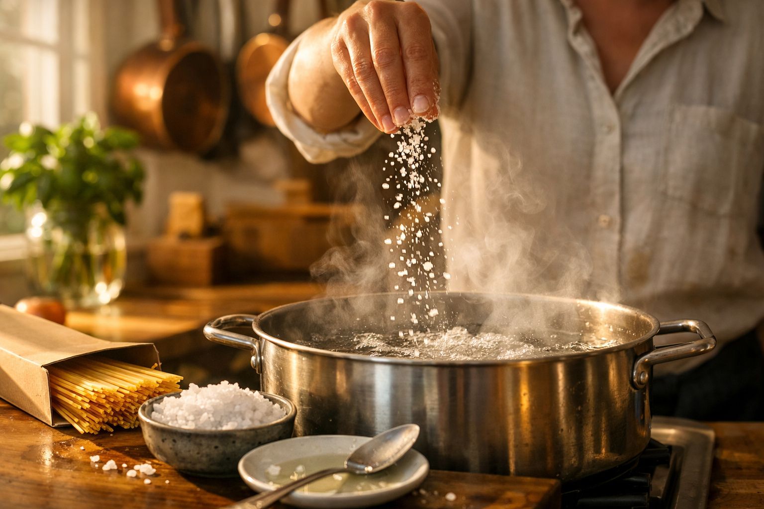 Pessoa salpicando sal em panela de água fervente na cozinha iluminada por luz natural.