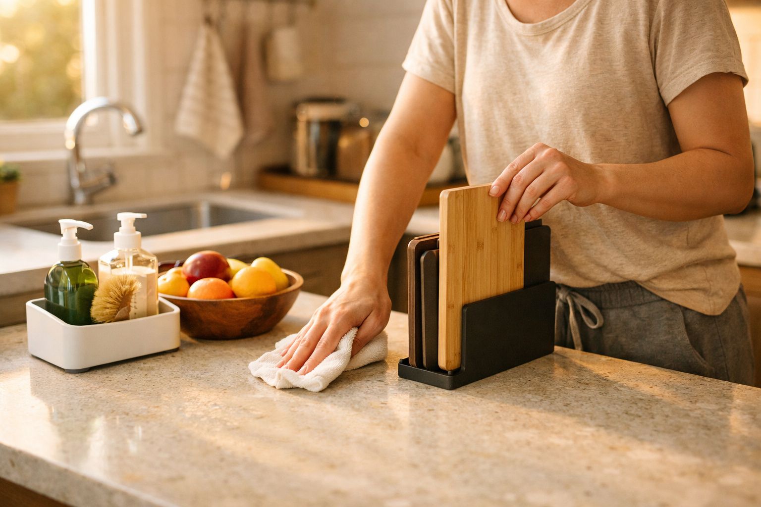 Pessoa limpando bancada de cozinha com pano, ao lado de tábua de corte e fruteira com frutas.