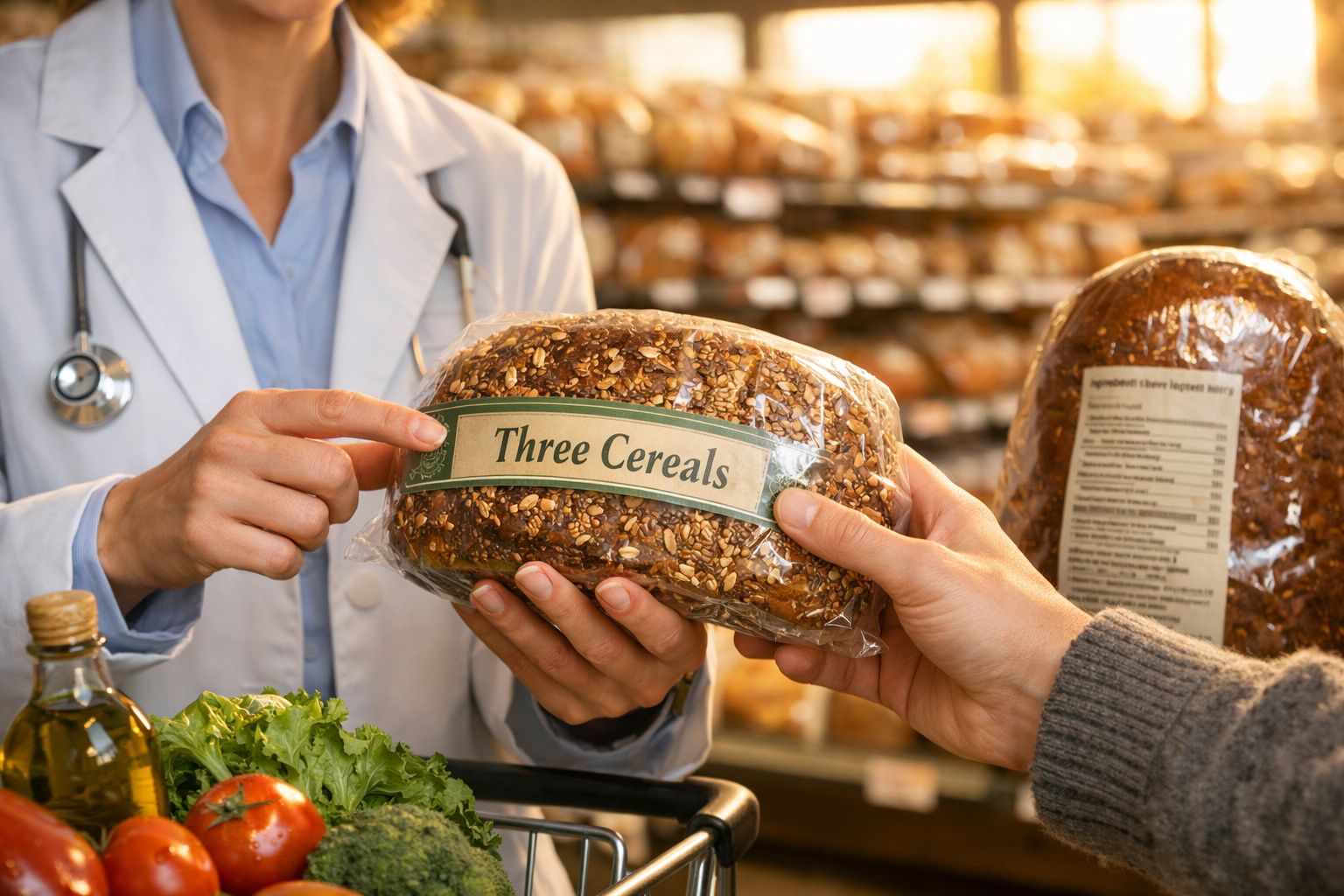 Profissional de saúde entrega pão integral embalado com rótulo "Three Cereals" a cliente na padaria.