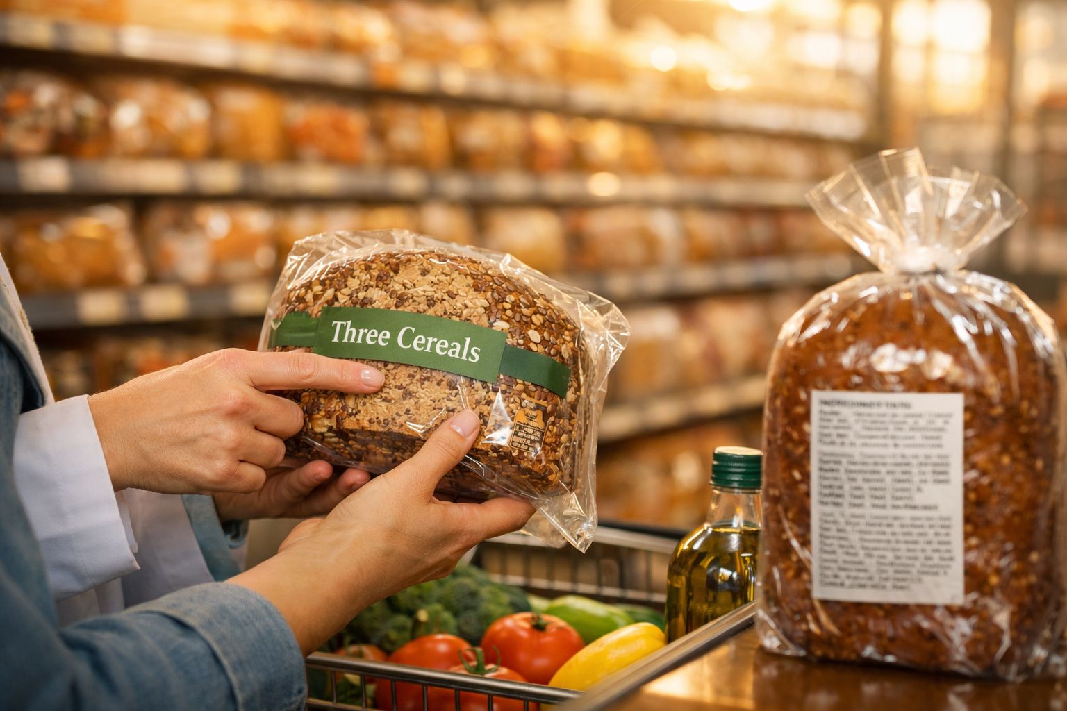 Pessoa segurando pão integral embalado com rótulo "Three Cereals" em supermercado.