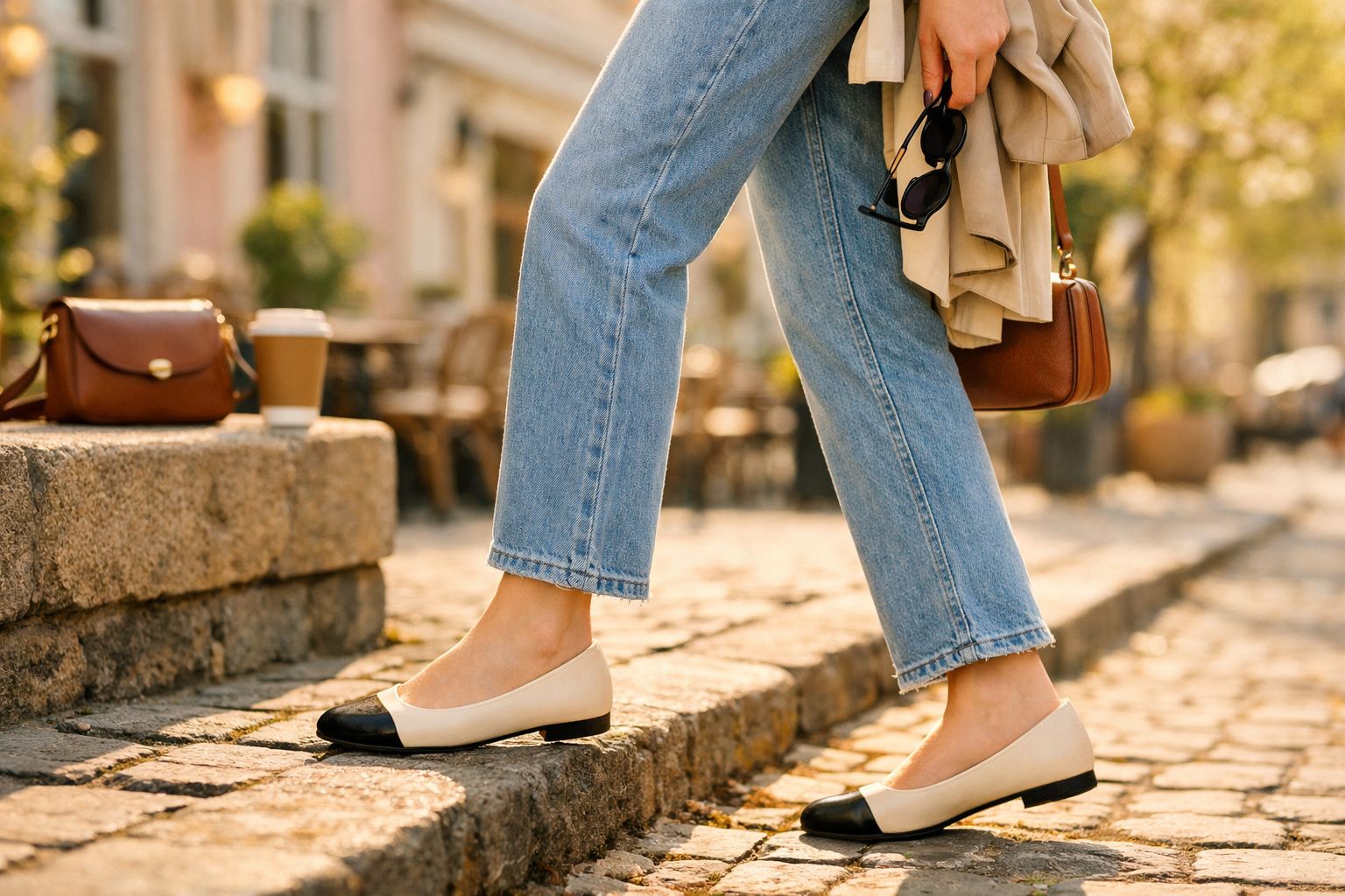 Pessoa com calça jeans e sapatos bege com bico preto caminhando em calçada de pedra com bolsa e óculos.