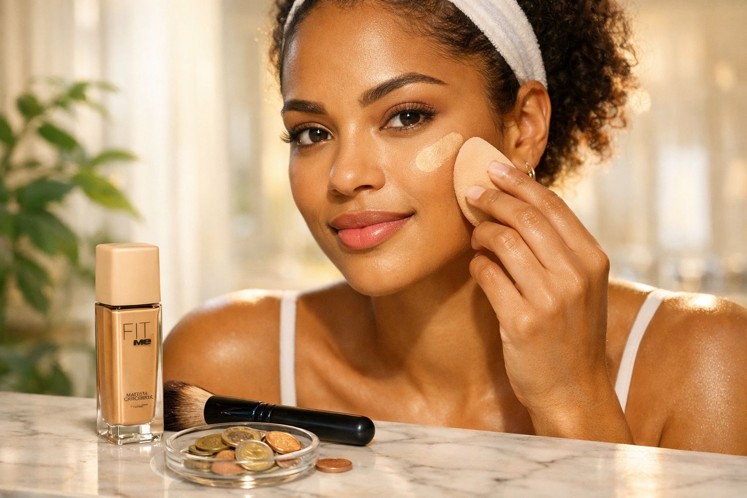 Mulher aplicando base facial com esponja, com frasco de base e pincel sobre mesa.