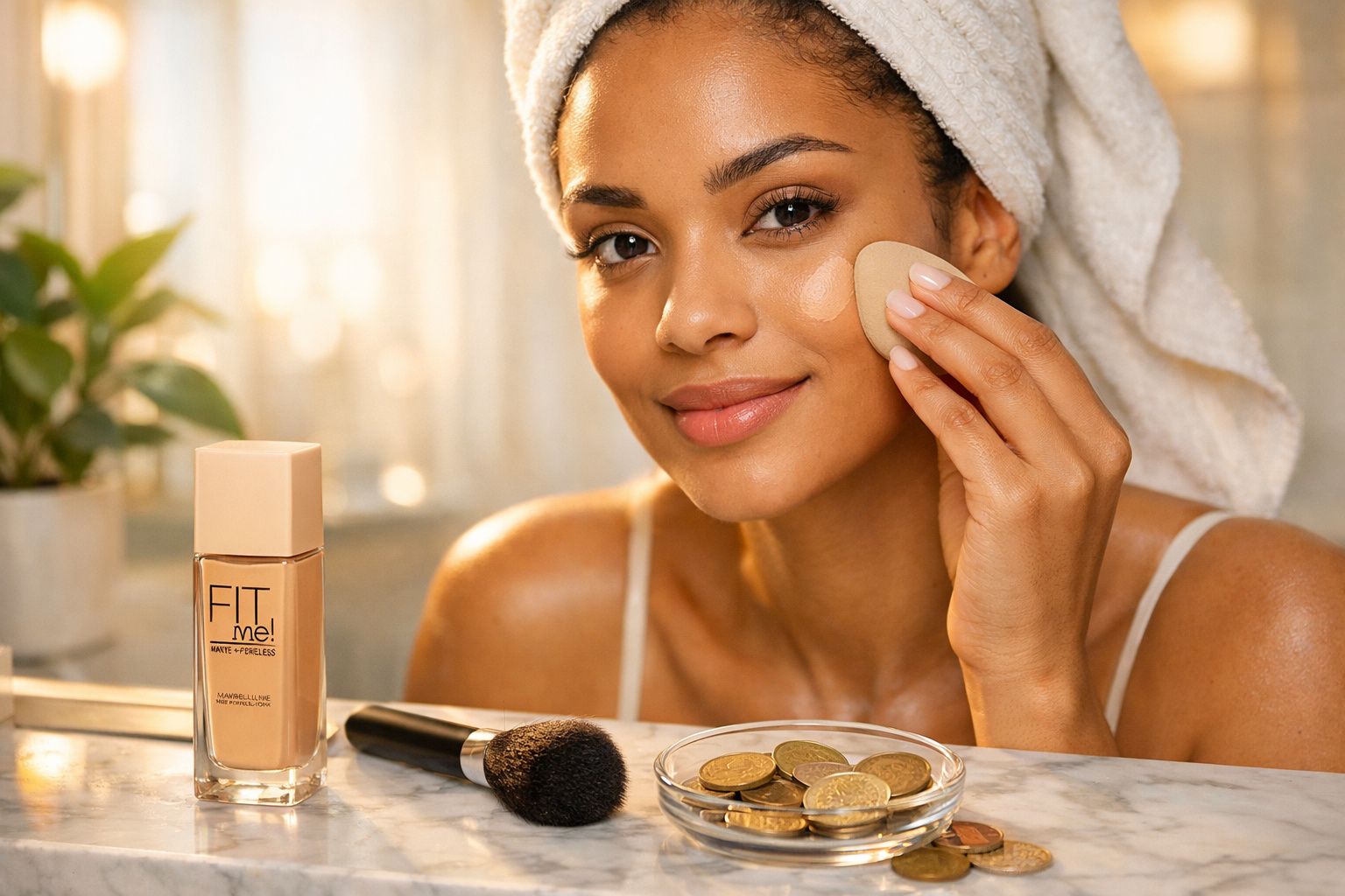 Mulher aplicando base facial com esponja, com toalha branca na cabeça e pincel de maquiagem ao lado.