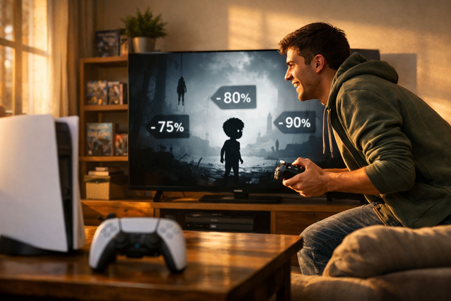 Homem sorridente jogando vídeo game em sala com TV mostrando descontos em jogos digitais.