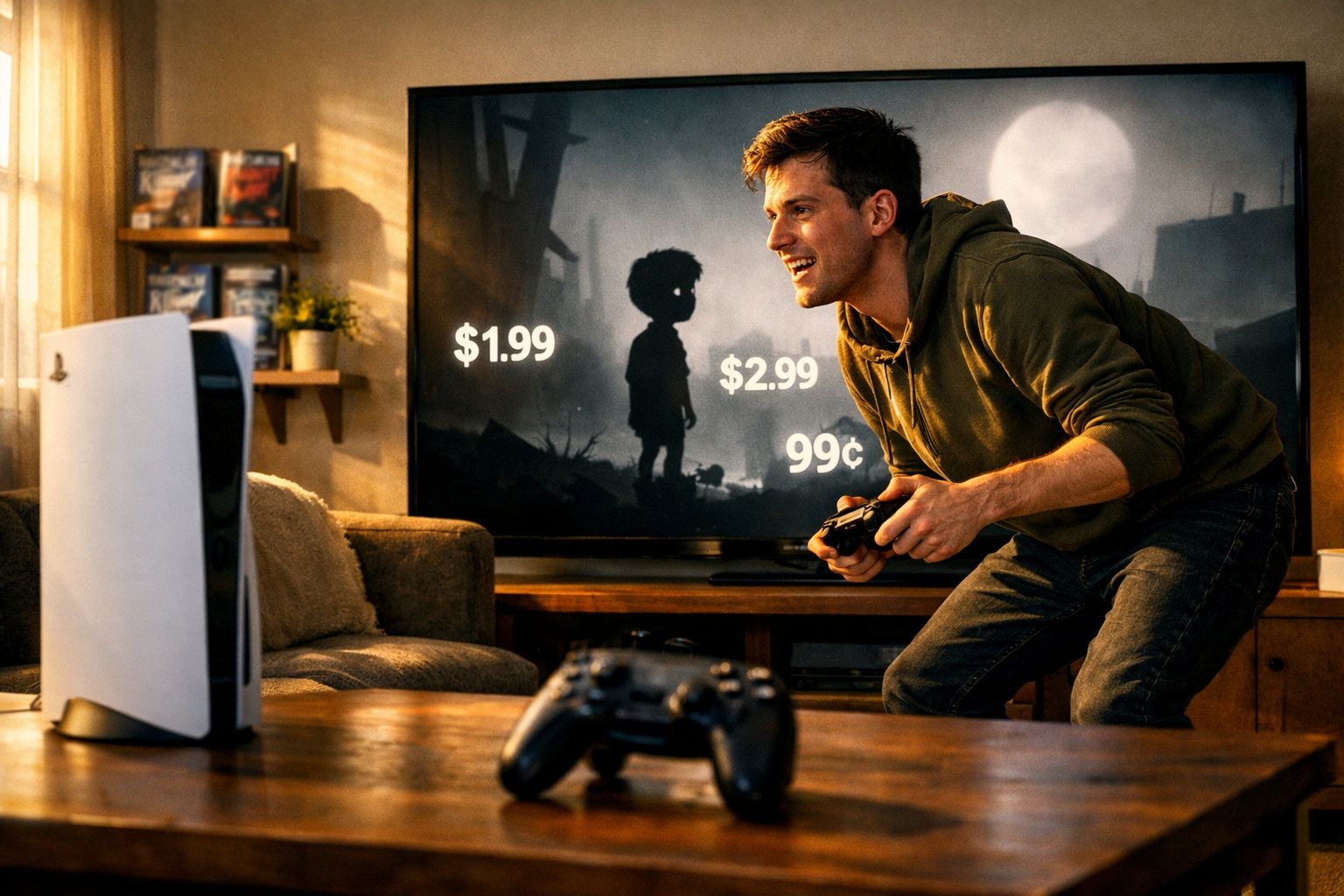 Homem jogando videogame em sala, com TV mostrando preços e console PlayStation 5 à esquerda.
