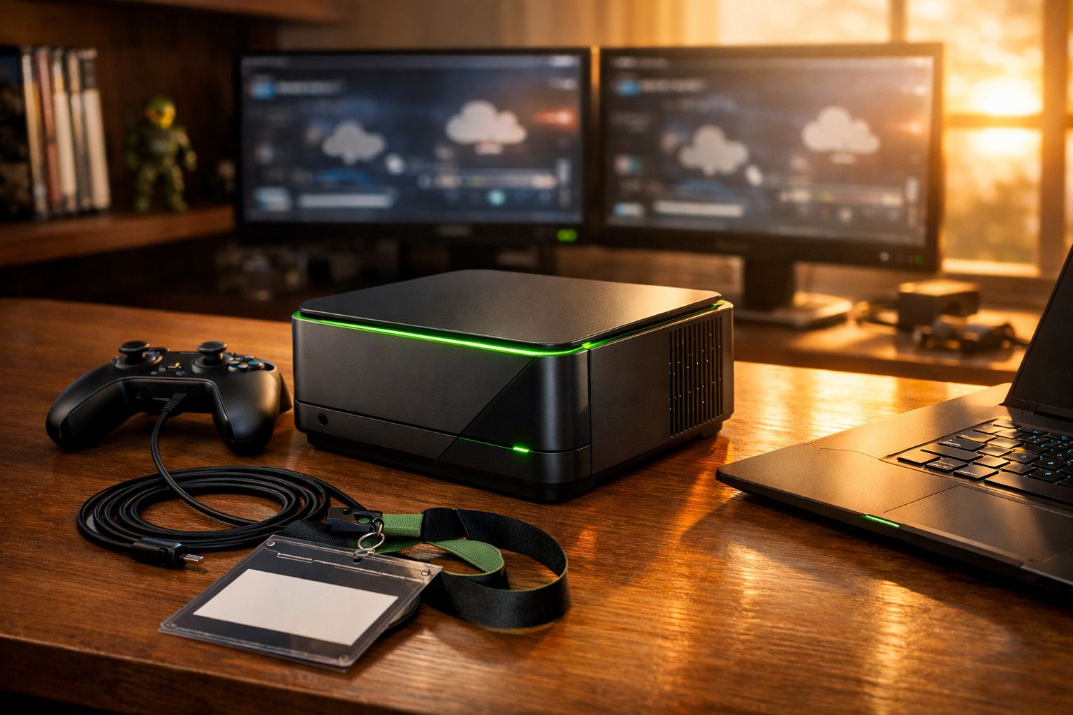 Console de jogos preto com luz verde ao lado de controle e notebook em mesa de madeira.