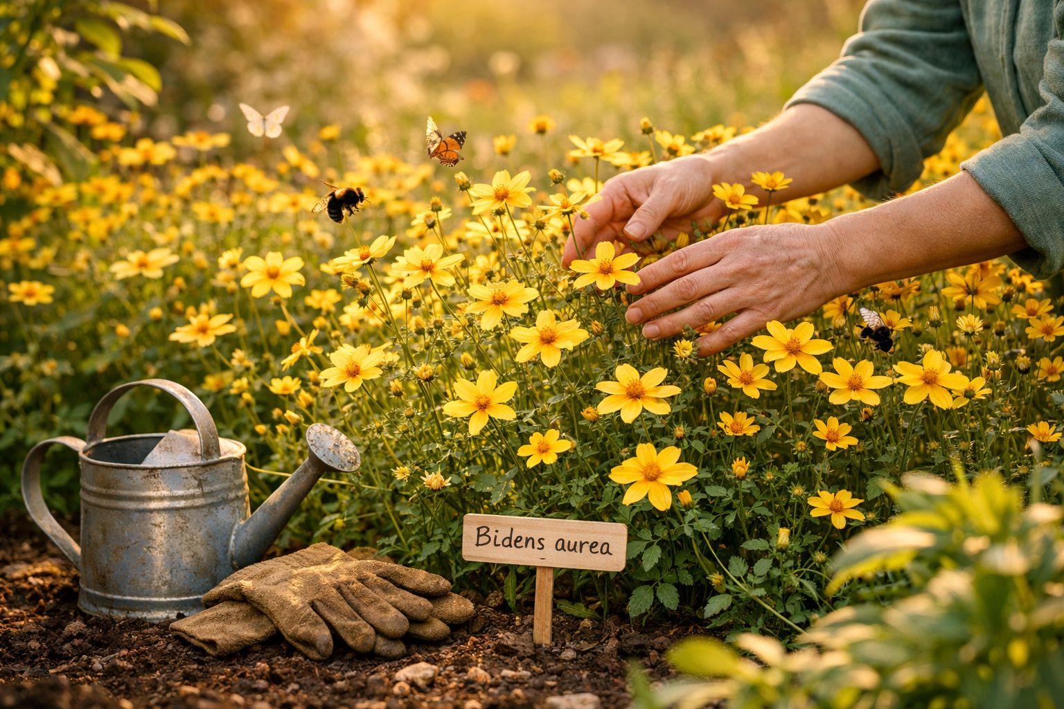 Mãos cuidando de flores amarelas Bidens aurea com regador, luvas e insetos voando ao redor.