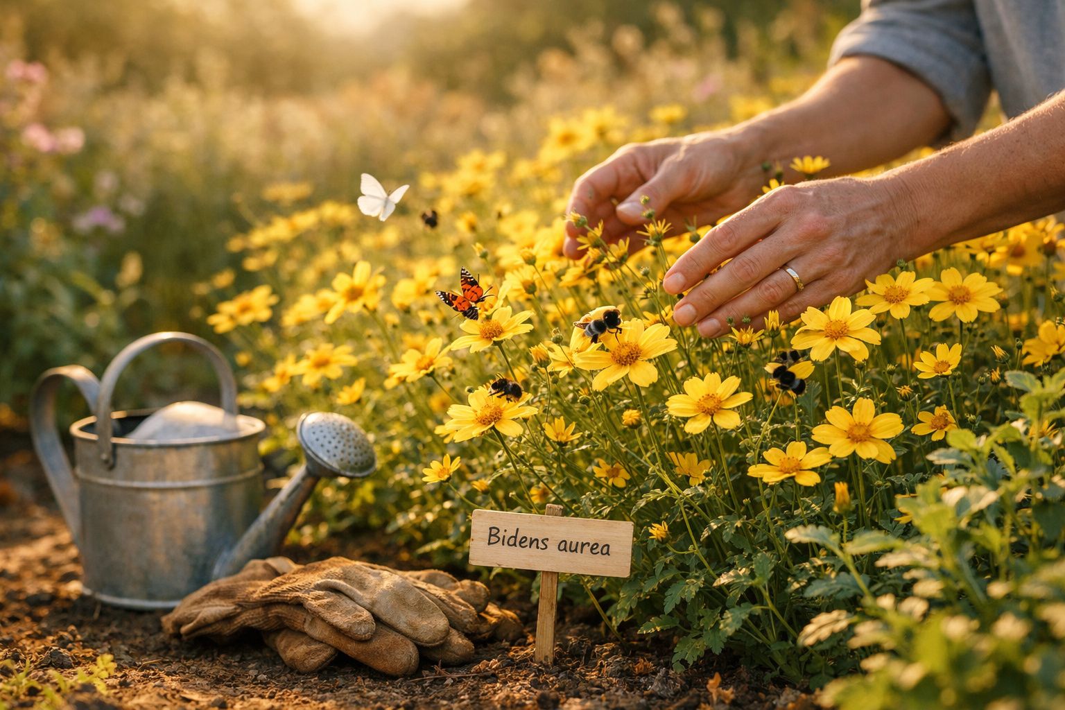 Mãos cuidando de flores amarelas Bidens aurea com joaninha, abelhas e regador ao fundo em jardim ensolarado.