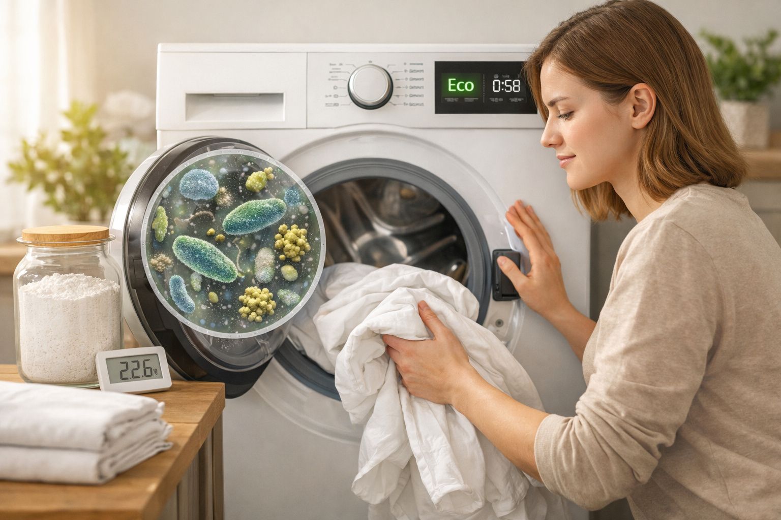 Mulher colocando roupa branca na máquina de lavar com imagem de microrganismos na porta transparente.