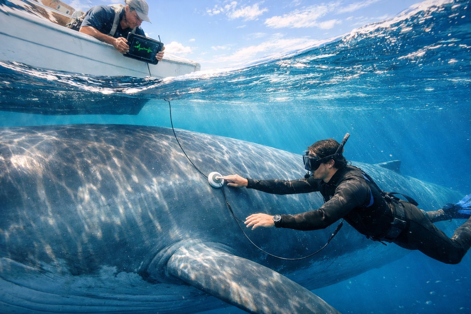 Mergulhador usa estetoscópio para examinar uma grande baleia azul perto da superfície do mar.