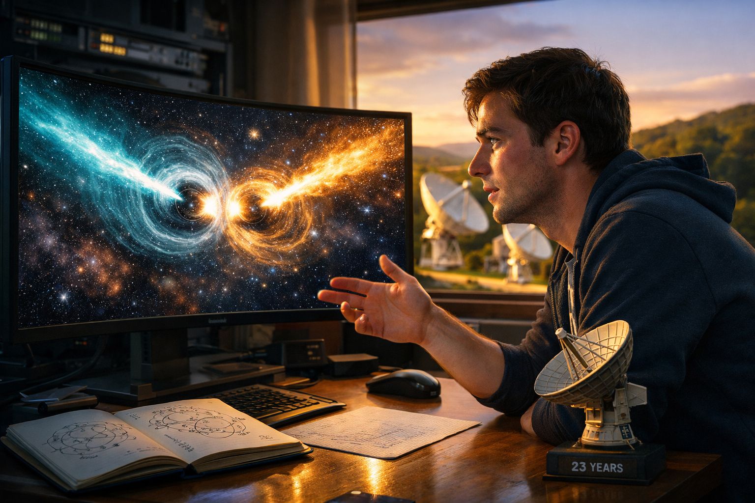 Homem observando uma simulação de buracos negros interagindo em tela curva em sala com antenas parabólicas ao fundo.