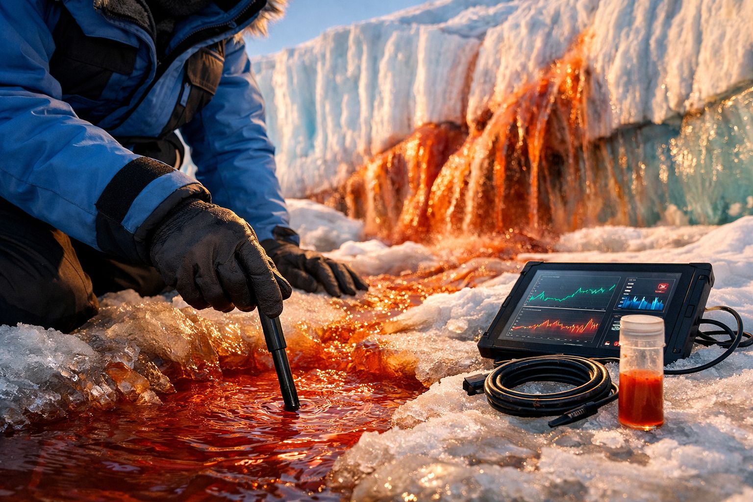 Pesquisador coleta amostra de água avermelhada em geleira, usando sensores e equipamentos eletrônicos.