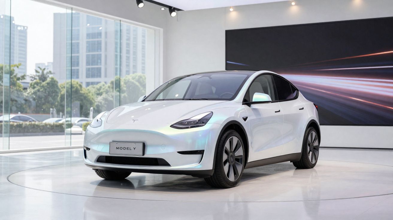 Carro elétrico Tesla Model Y branco exposto em showroom com grandes janelas e decoração moderna.