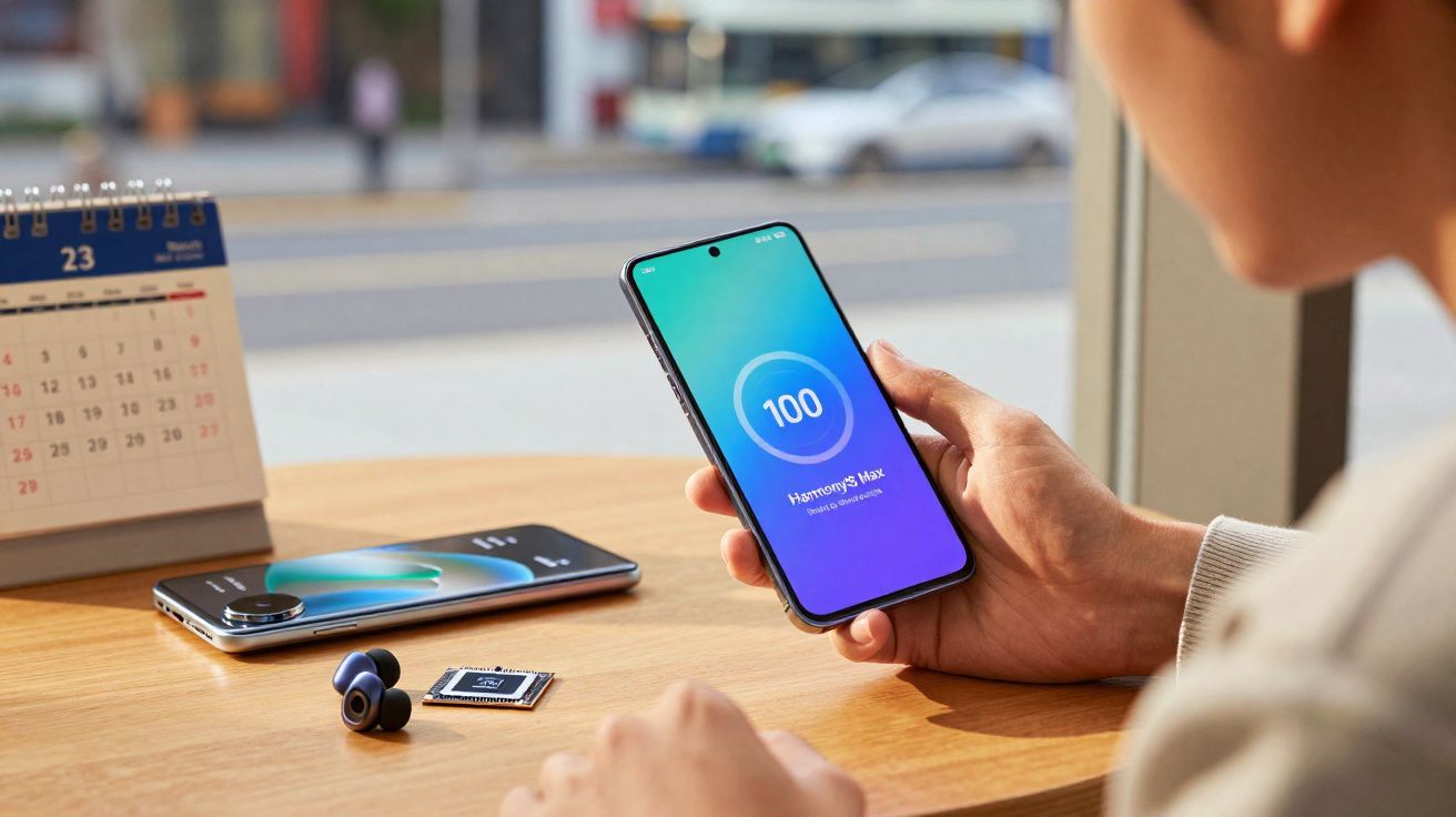 Pessoa segurando smartphone exibindo carregamento completo, com fones de ouvido, chip e outro celular sobre mesa de madeira.