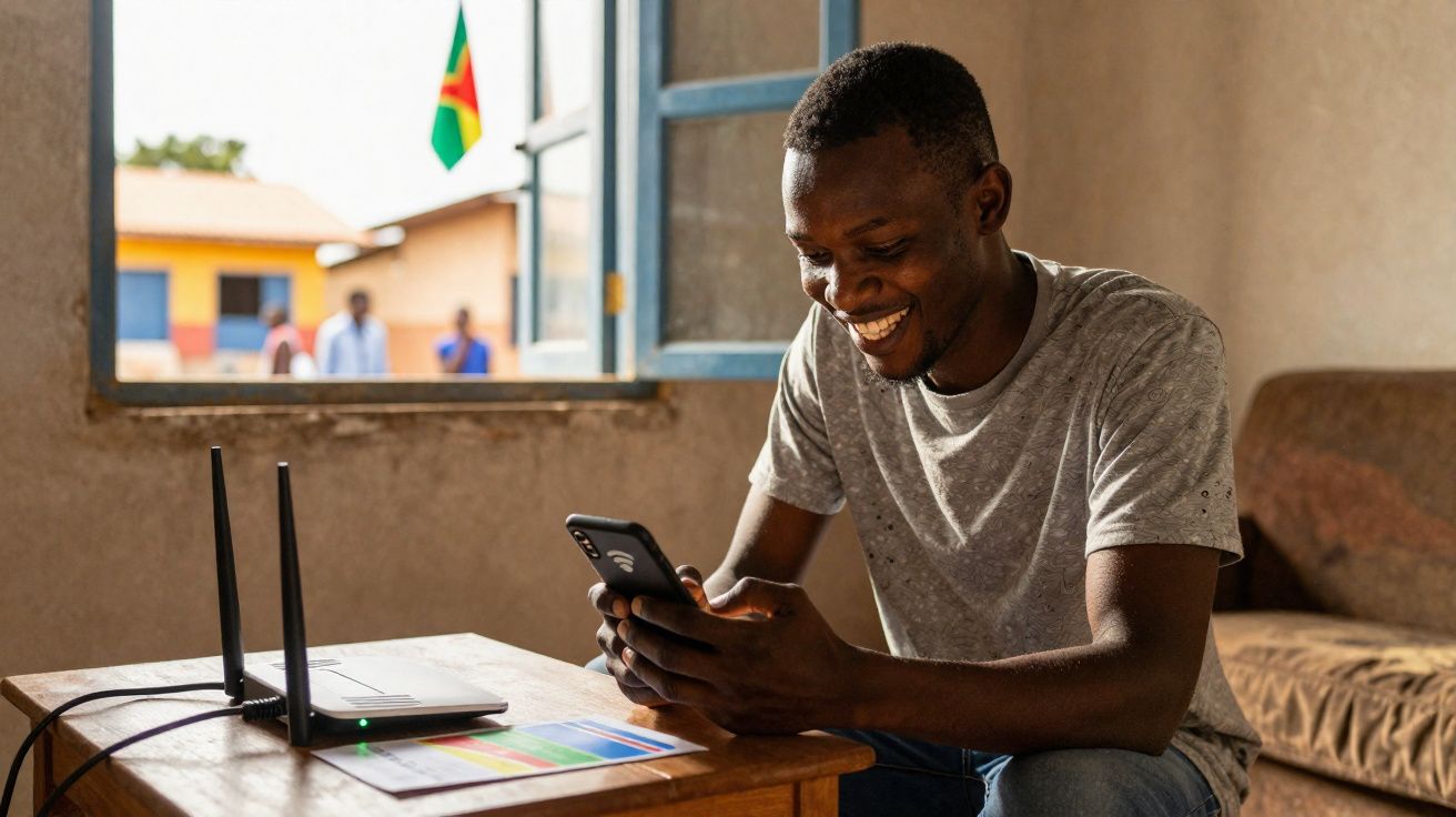 Homem sorridente usando celular sentado em mesa com roteador e vista de janela aberta atrás.