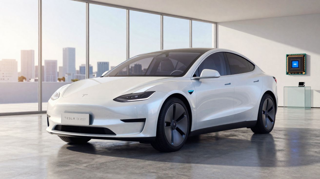 Carro elétrico branco Tesla Model 2 em sala moderna com janelas grandes e vista urbana ao fundo.