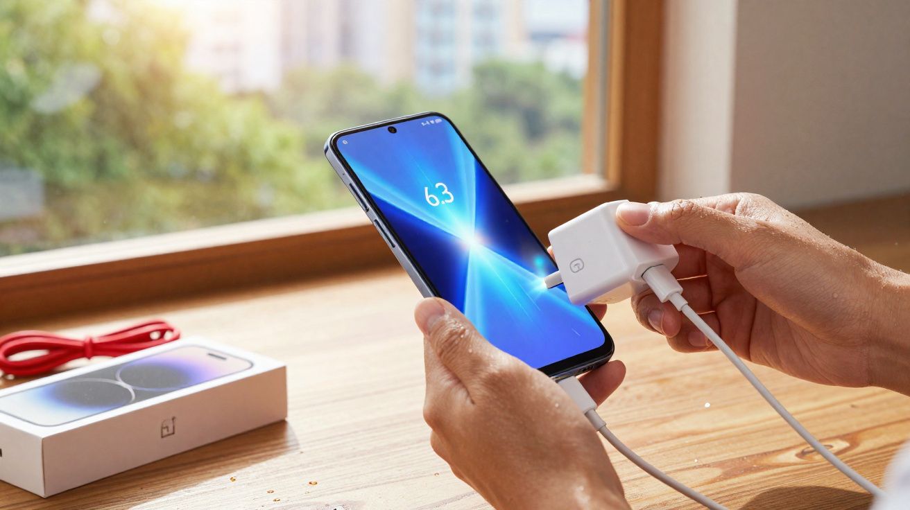 Pessoa colocando carregador em smartphone com tela azul mostrando 63 de carga em mesa de madeira.